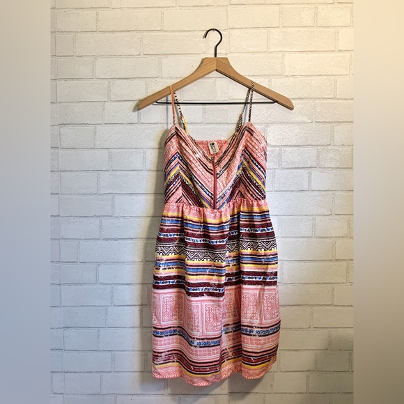 Roxy Silky Tribal Print Pink & Blue Thin Strap Mini Sundress - Picture 1 of 6